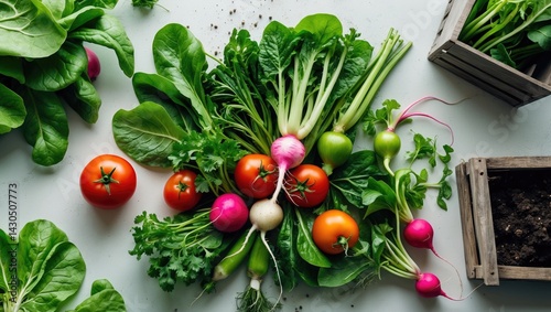 Raw organic vegetables and garden equipment displayed on light background for nutritious eating