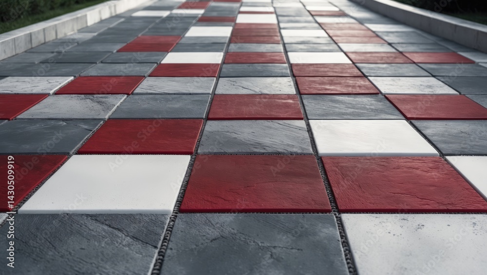 Fototapeta premium Red, gray, and white tiled floor with geometric pattern
