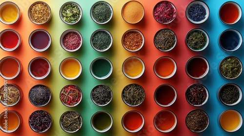 Colorful spices and herbs arranged in circular containers on a vibrant background.