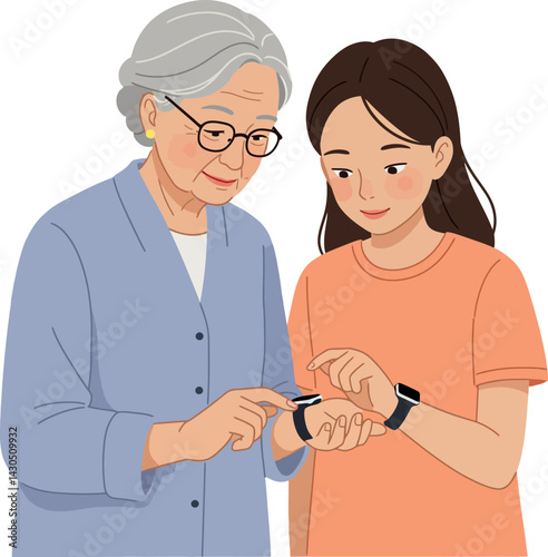 Elderly woman teaching young woman to use smartwatch technology wearable device vector illustration 