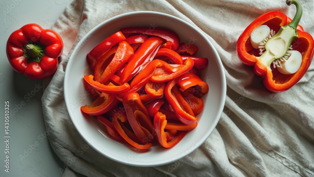 Red bell pepper strips in a white bowl on linen fabric, a flavorful paprika salad with sweet, pickled peppers