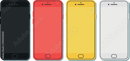 Colored smartphones in black red yellow and white modern mobile phone vector set 
