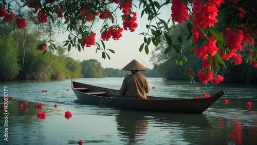 River scene with a boatman and vibrant regia flowers in full bloom