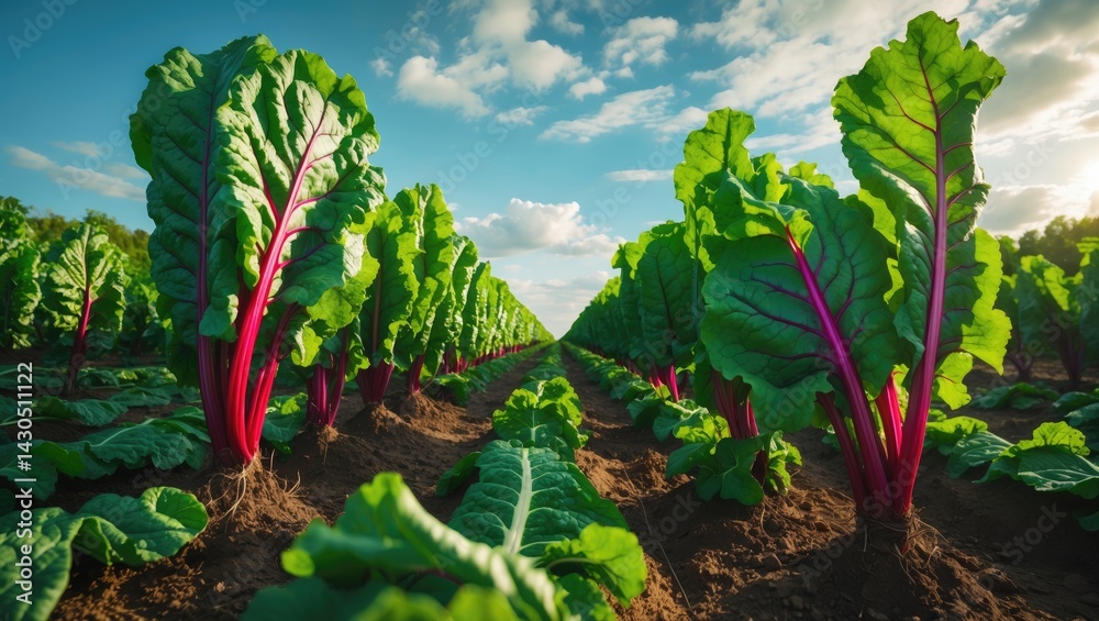 Cultivated sugar beets with lush leaves in rural farmland