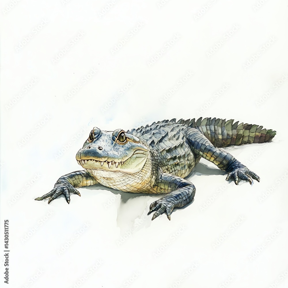 Fototapeta premium Magnificent Alligator Portrait A Detailed Watercolor Illustration of a Reptile