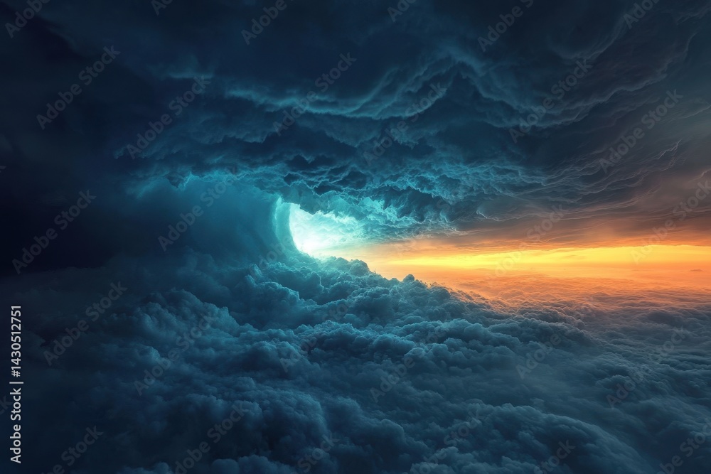 Naklejka premium Majestic clouds illuminated by sunset over a turbulent sky at twilight