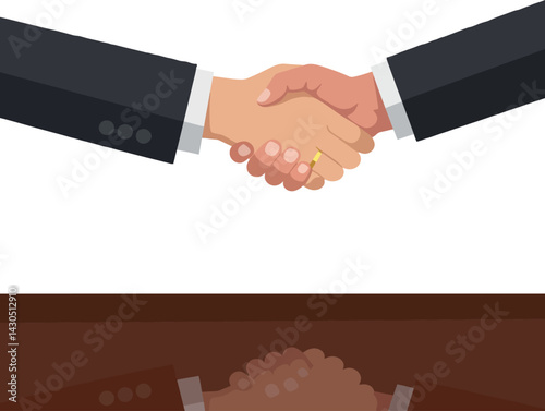 Business handshake agreement between two partners with ring on hand vector illustration 