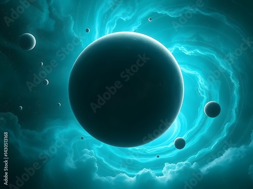 dark grey planet and surreal cosmic dreamscape with nebula swirling in teal hues, sci-fi theme