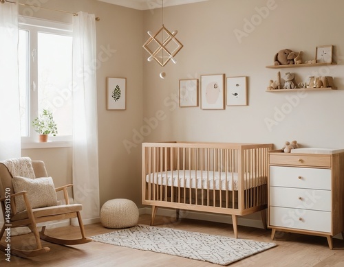 A serene baby nursery featuring a wooden crib and a cozy rocking chair, softly illuminated by natural light.