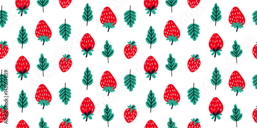 Juicy strawberry pattern with green leaves, bright and colorful seamless vector illustration, fresh summer design.