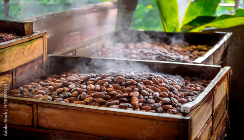 Steaming cacao beans in wooden fermentation boxes at tropical farm.