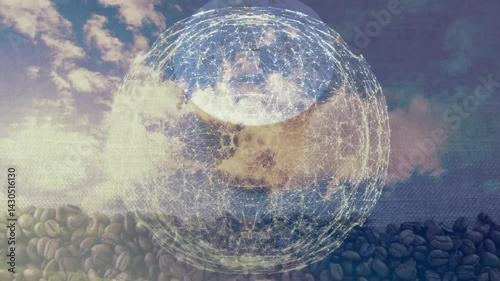 Central network sphere floating above coffee cup, blending coffee beans with cloudy sky, 3D render