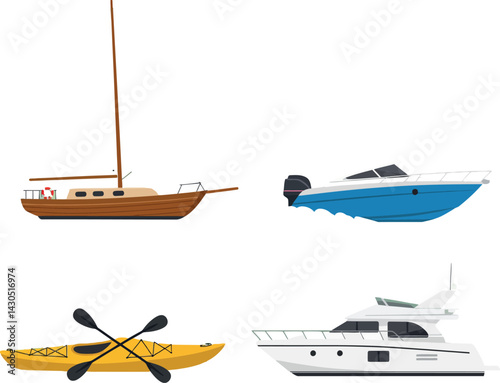 Various types of boats sailboat speedboat kayak and yacht vector illustration set 