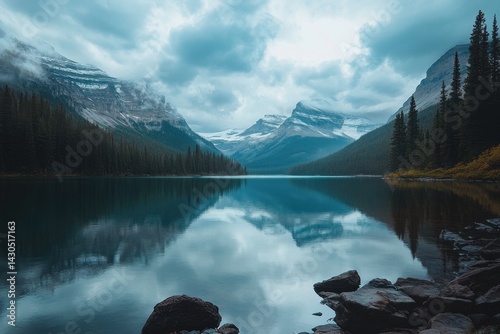 Clouds drift over a serene mountain lake reflecting dramatic scenery during daytime, Low Framing Time Lapse Clouds Daytime