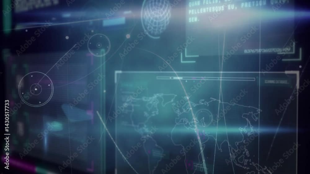World map hologram projecting targeting reticles, waveform graphs, gridlines, glowing progress bars World map hologram projecting targeting reticles, waveform graphs, gridlines, glowing progress bars