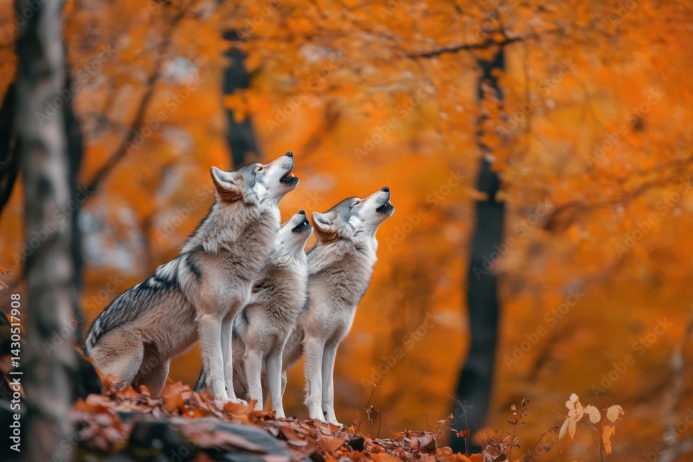 Obraz premium Howling Arctic wolf family in a vibrant autumn forest during sunset, Howling of a Artic wolf family in the forest during the autumn