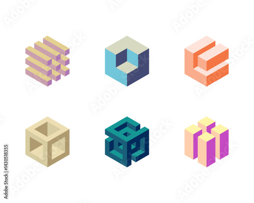 Six unique isometric cube designs in pastel colors.  Perfect for branding, technology, architecture, or abstract design projects.  Represents innovation, structure, and interconnectedness.
