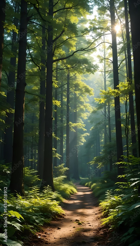 Obraz premium Tranquil forest path bathed in morning sunlight. Peaceful nature scene.