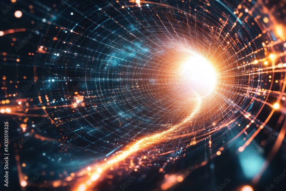 Obraz premium Connections and data processing through a black hole visualization with vibrant colors in a cosmic tunnel, data processing and connections over black hole