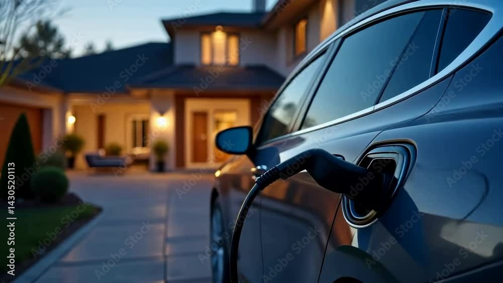 A sleek electric car is plugged in for charging in front of a modern home during twilight. A sleek electric car is plugged in for charging in front of a modern home during twilight.