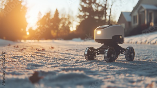 A white and black robot with four wheels stands on a snowy street.