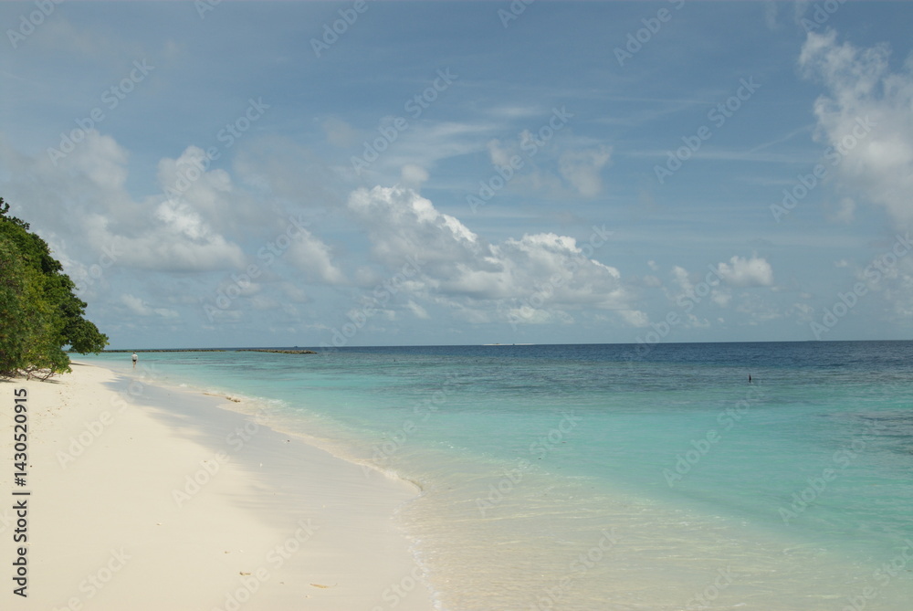Fototapeta premium Pristine tropical beach with turquoise waters and white sand under blue sky in the Maldives 