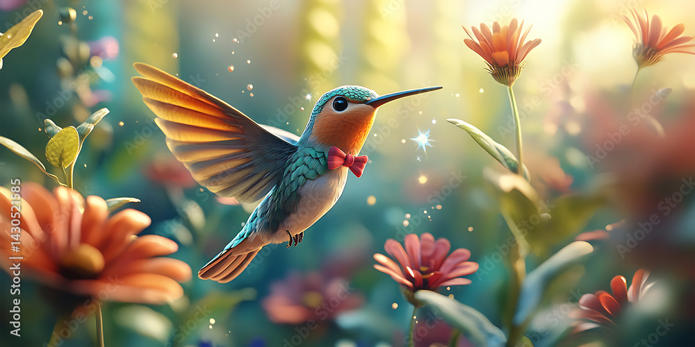 Naklejka premium Enchanting Hummingbird in a Floral Paradise Wallpaper Background for Nature Lovers, Spring Themes, or Delicate Designs
