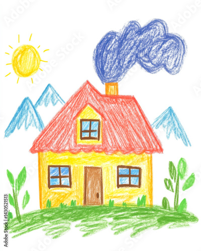 Cozy mountain house with chimney in bright crayon style drawing by a child