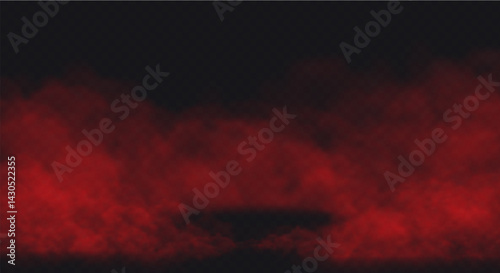 Red Smoke effect on transparent dark background. Fog gray cloud above the floor surface with an empty spot