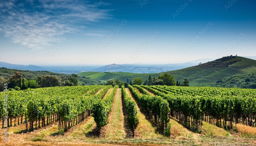 Fototapeta premium A picturesque vineyard landscape with rows of grapevines stretching across rolling hills under a clear blue sky.