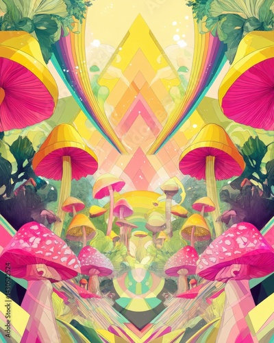Psychedelic illustration of colorful mushrooms in a vibrant forest, trippy wonderland concept. Perfect for art prints, posters, and unique designs. in flat design style
