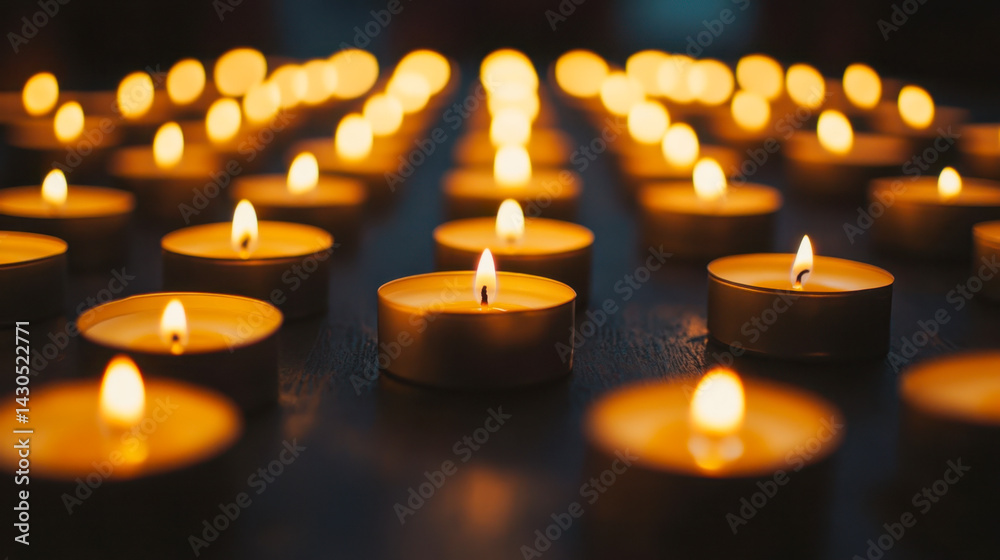 Rows of glowing candles create a serene atmosphere of calm and reflection on dark wood Rows of glowing candles create a serene atmosphere of calm and reflection on dark wood