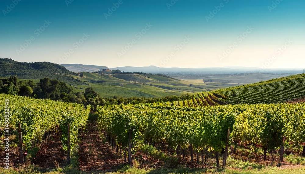 Fototapeta premium A serene vineyard landscape with rows of grapevines, rolling hills, and a clear blue sky in the background, showcasing the beauty of nature.