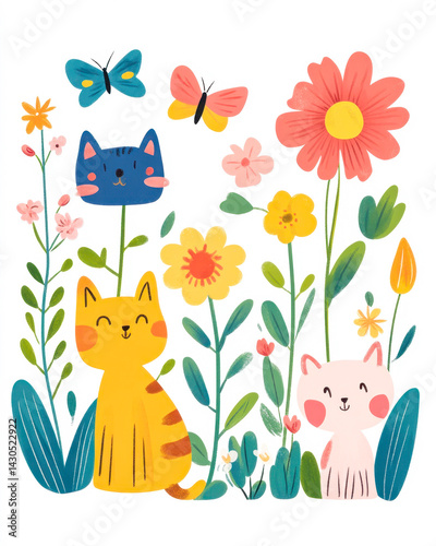 Charming naive flower garden with chalk-drawn animals and playful colors on paper