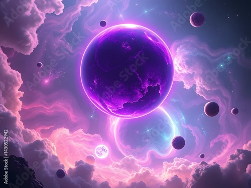 glowing purple planet sci-fi theme surrounded with cosmic dreamscape nebula swirling in pink