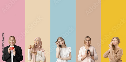 Set of women drinking coffe...