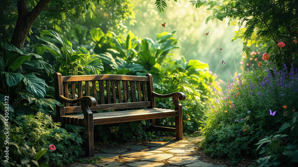 Obraz premium A solitary wooden bench placed in a peaceful garden, surrounded by lush greenery and sunlight streaming through the foliage. The scene evokes a sense of tranquility and solitude.