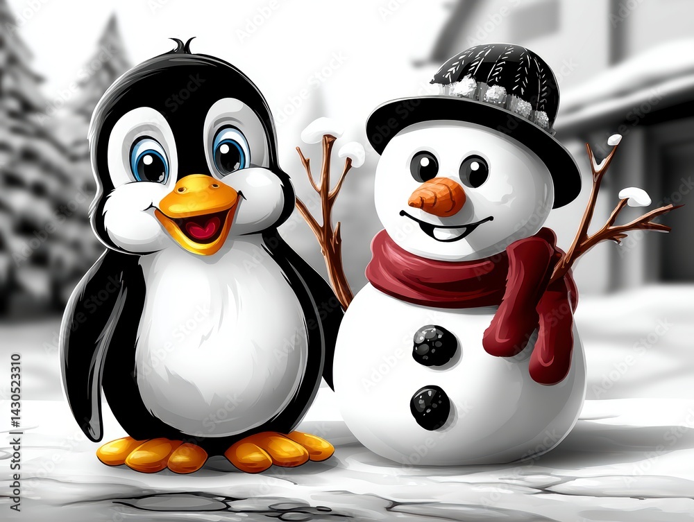Fototapeta premium Cheerful penguin and snowman winter scene outdoor digital art snowy environment playful perspective