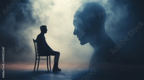 Man Sitting Alone Confronting a Giant Ethereal Face in a Foggy Void