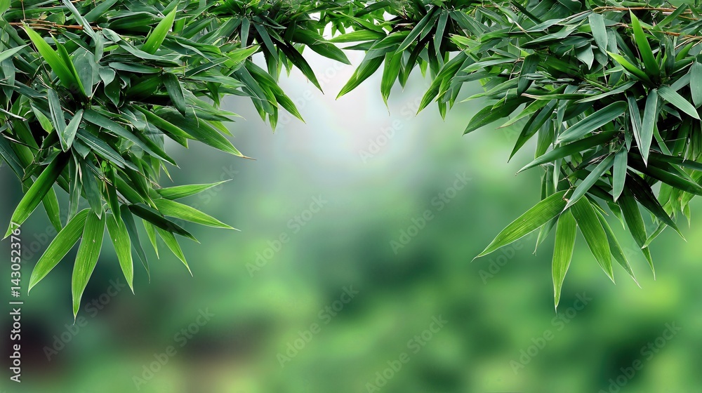 Delicate bamboo leaves gently frame a soft green background, setting a tranquil tone that radiates calm and natural balance.