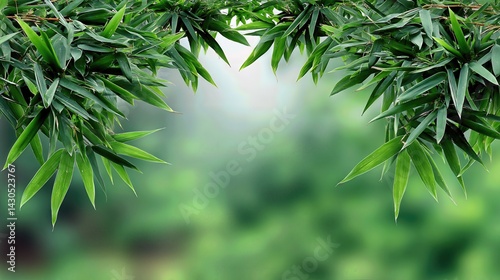 Obraz na płótnie Delicate bamboo leaves gently frame a soft green background, setting a tranquil tone that radiates calm and natural balance.
w salonie