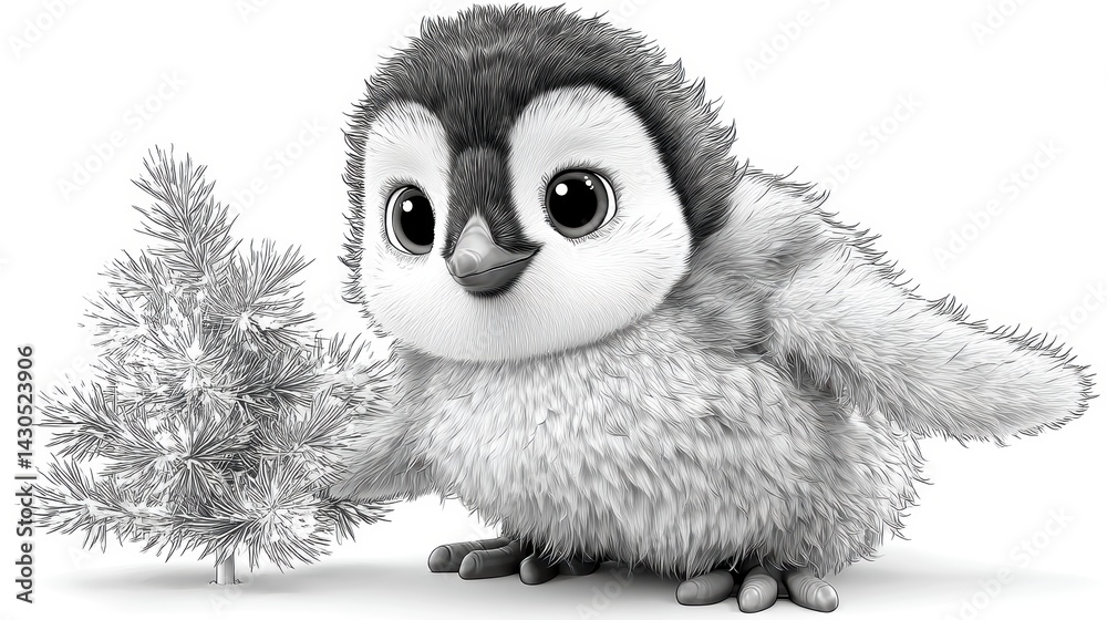Cute owl holding christmas tree in winter wonderland whimsical illustration charming character design black and white