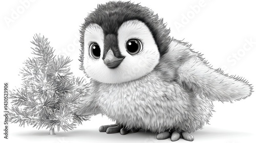 Obraz na płótnie Cute owl holding christmas tree in winter wonderland whimsical illustration charming character design black and white w salonie