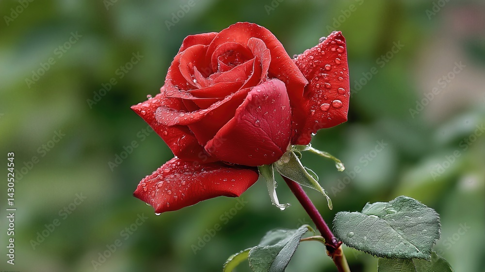 A stunning red rose glistens with dewdrops on its velvety petals, highlighting its rich color and delicate texture against a softly blurred background.