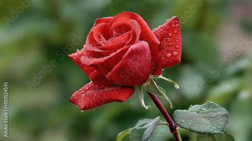 Obraz na płótnie A stunning red rose glistens with dewdrops on its velvety petals, highlighting its rich color and delicate texture against a softly blurred background. w salonie