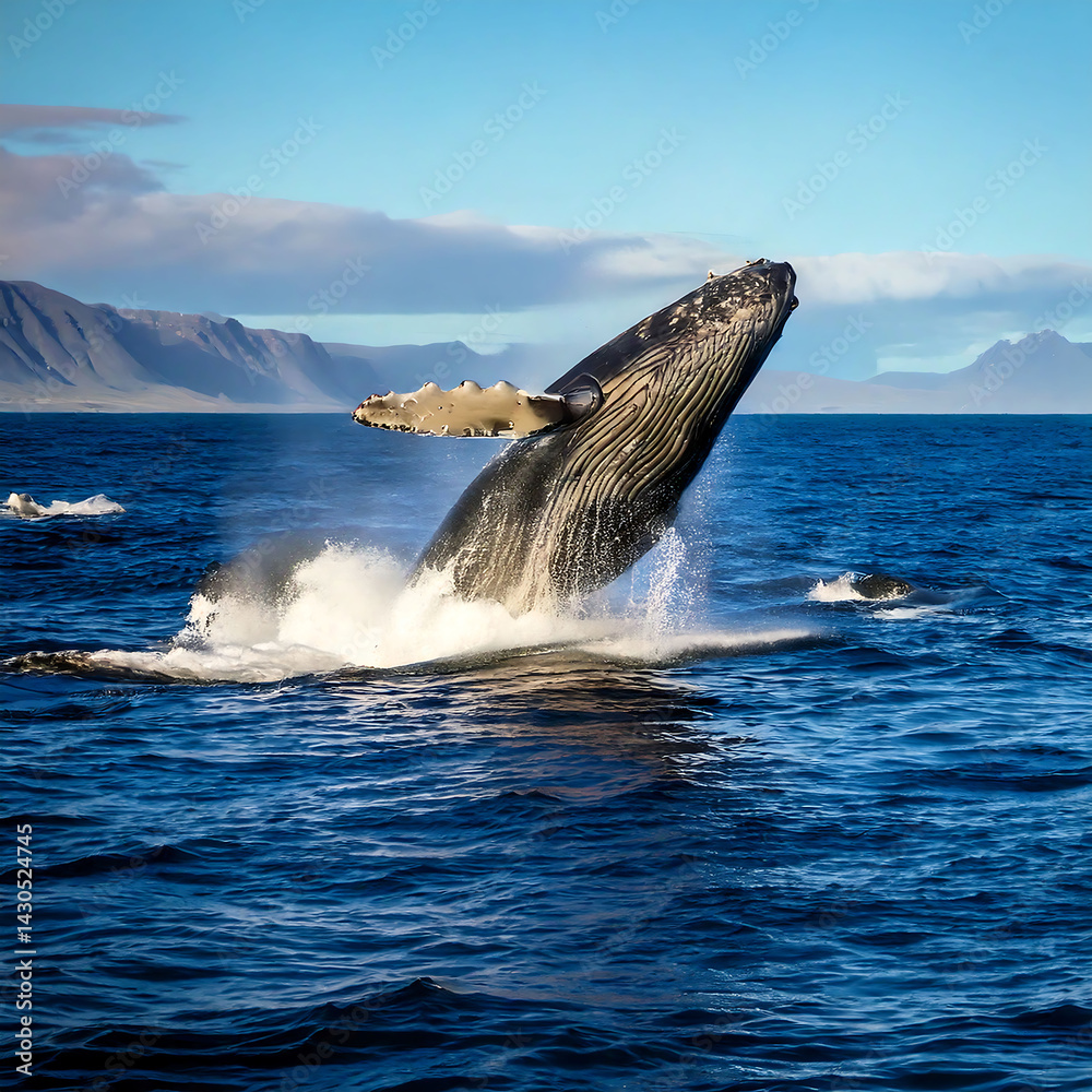 Fototapeta premium Majestic humpback whale breaching powerfully from the ocean, creating a splash. A symbol of strength, nature, and adventure. Ideal for travel, conservation, or wildlife themes.