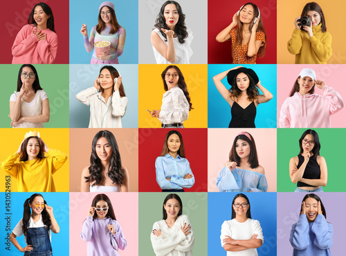 Set of young Asian women on color background
