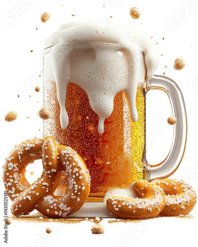 Frothy beer mug with pretzels on a white isolated background.