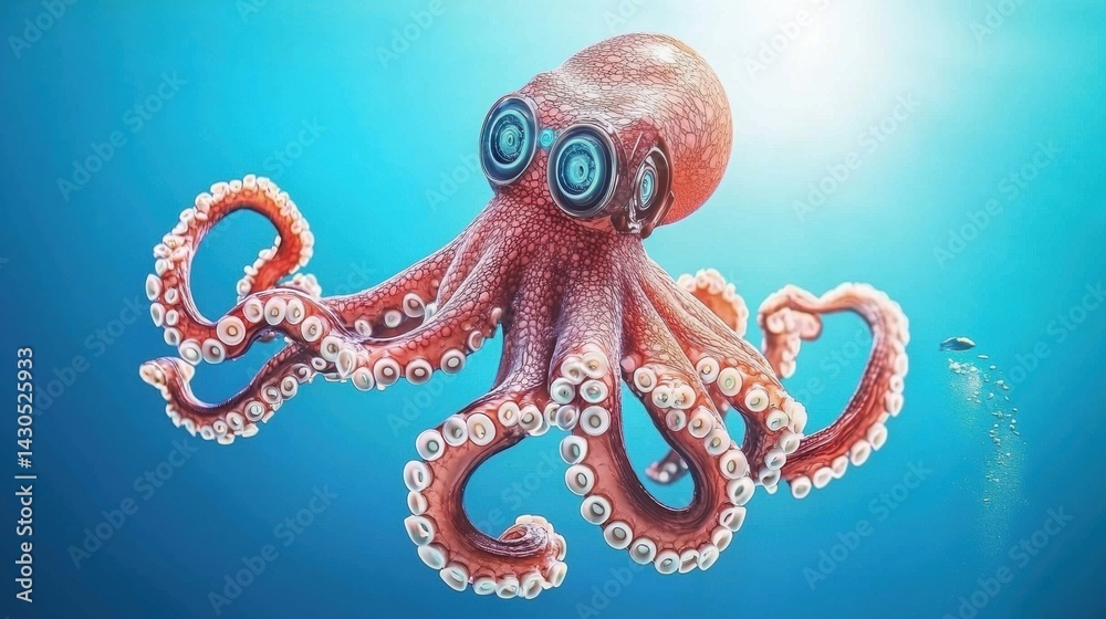 Naklejka premium A large octopus with blue eyes and tentacles in the ocean.