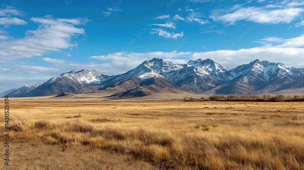 The warm tones of the sunlit plains contrast beautifully with the cool peaks beyond, creating a serene yet powerful landscape.